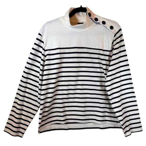 J Crew Sweater Size L Striped Navy Ivory Cotton Pullover Nautical Coastal Preppy - Picture 3 of 9